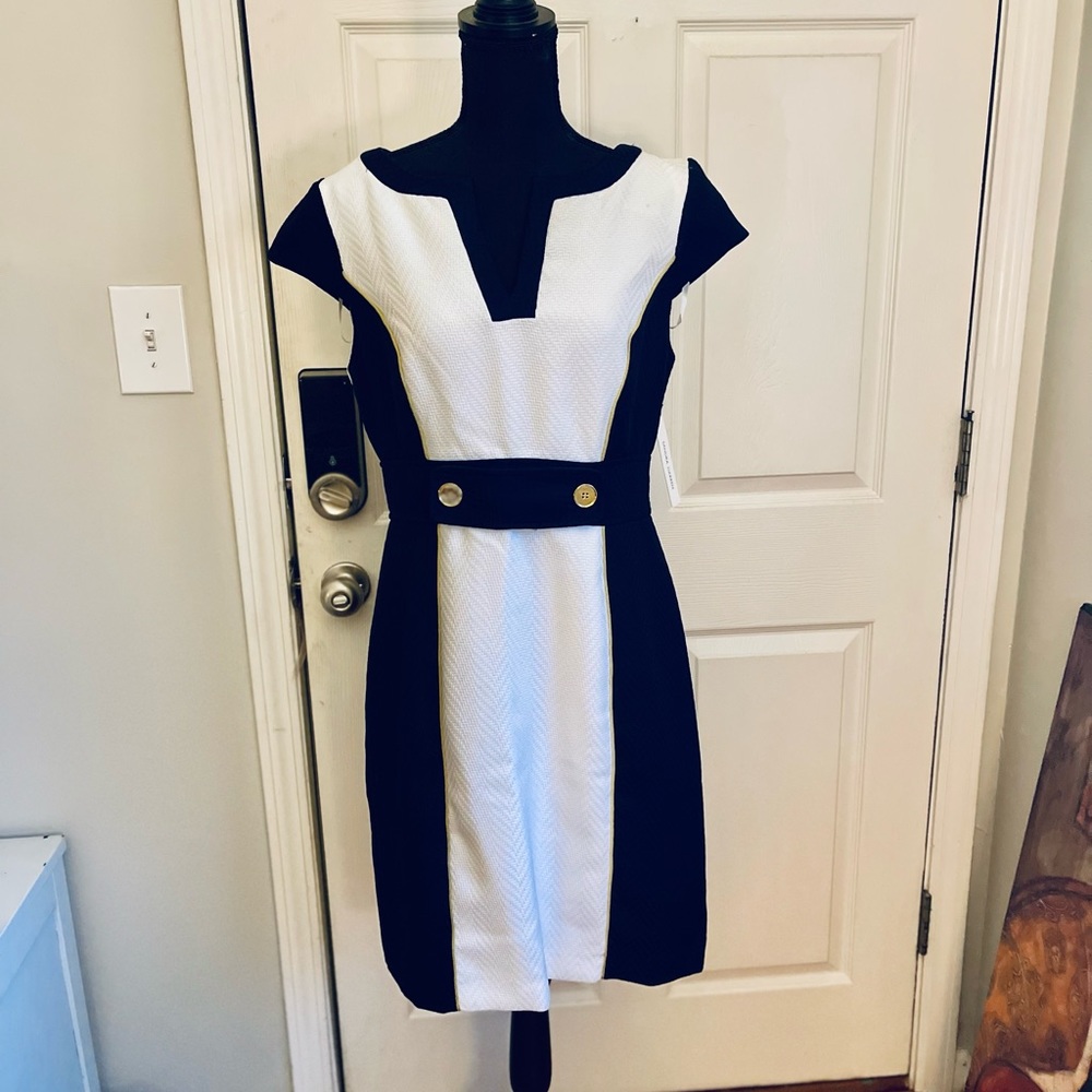 SANDRA DARREN Navy White Dress Gold Detail NWT - Picture 8 of 9